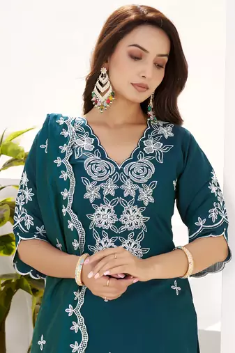 RAMA GREEN EMBRODEIRY WORK DESIGN WITH ROMAN SILK FABRIC KURTI PANT DUPATTA SET