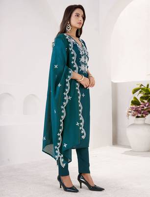 RAMA GREEN EMBRODEIRY WORK DESIGN WITH ROMAN SILK FABRIC KURTI PANT DUPATTA SET 3