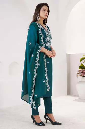 RAMA GREEN EMBRODEIRY WORK DESIGN WITH ROMAN SILK FABRIC KURTI PANT DUPATTA SET