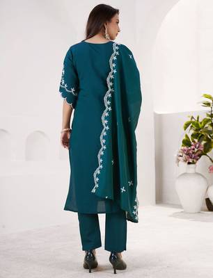 RAMA GREEN EMBRODEIRY WORK DESIGN WITH ROMAN SILK FABRIC KURTI PANT DUPATTA SET 4