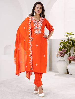 ORANGE EMBRODEIRY WORK DESIGN WITH ROMAN SILK FABRIC KURTI PANT DUPATTA SET 1