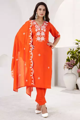 ORANGE EMBRODEIRY WORK DESIGN WITH ROMAN SILK FABRIC KURTI PANT DUPATTA SET