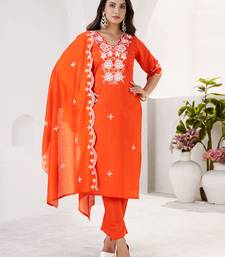ORANGE EMBRODEIRY WORK DESIGN WITH ROMAN SILK FABRIC KURTI PANT DUPATTA SET