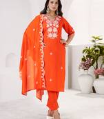 ORANGE EMBRODEIRY WORK DESIGN WITH ROMAN SILK FABRIC KURTI PANT DUPATTA SET