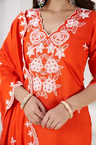 ORANGE EMBRODEIRY WORK DESIGN WITH ROMAN SILK FABRIC KURTI PANT DUPATTA SET
