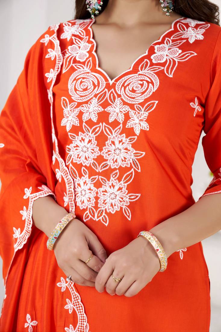 ORANGE EMBRODEIRY WORK DESIGN WITH ROMAN SILK FABRIC KURTI PANT DUPATTA SET