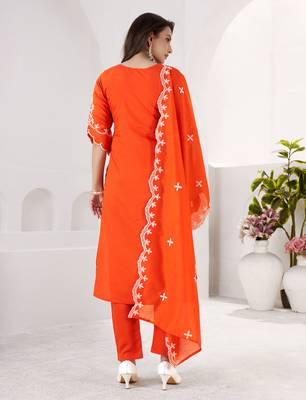 ORANGE EMBRODEIRY WORK DESIGN WITH ROMAN SILK FABRIC KURTI PANT DUPATTA SET 3
