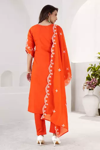 ORANGE EMBRODEIRY WORK DESIGN WITH ROMAN SILK FABRIC KURTI PANT DUPATTA SET