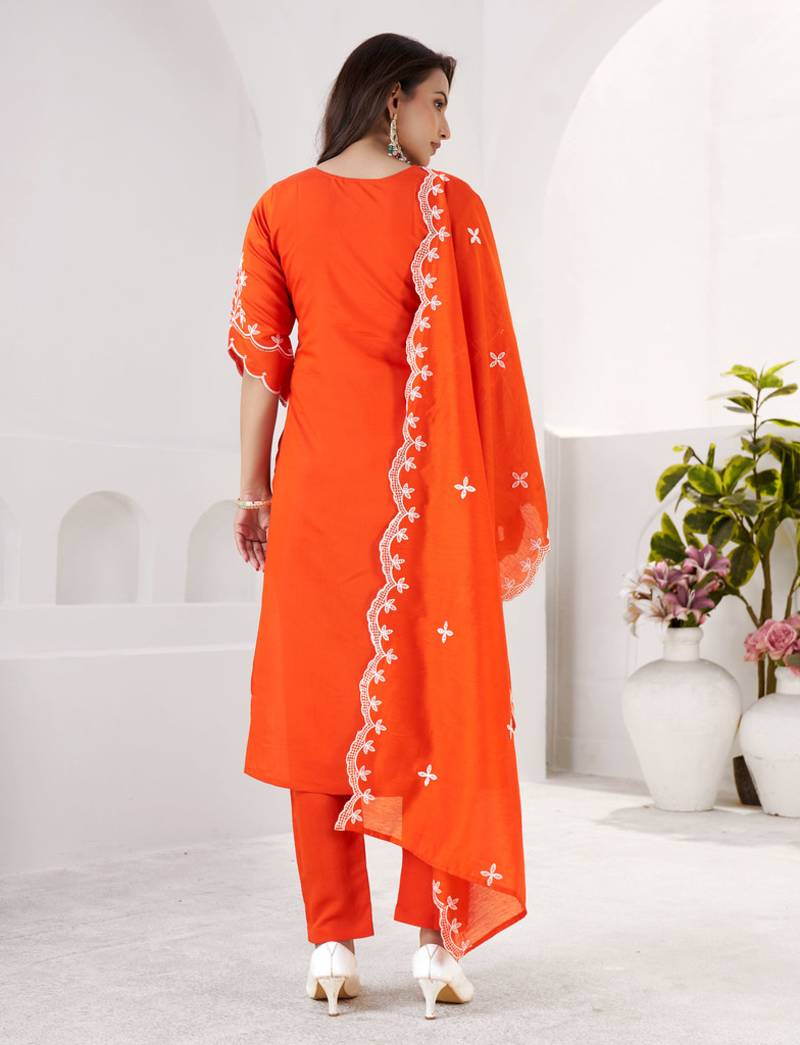 ORANGE EMBRODEIRY WORK DESIGN WITH ROMAN SILK FABRIC KURTI PANT DUPATTA SET