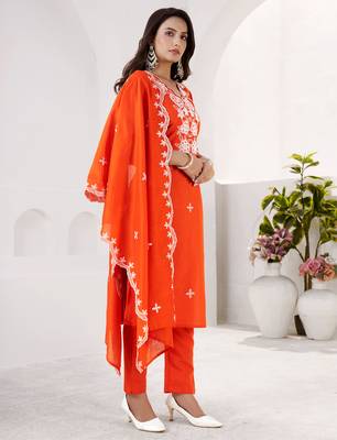 ORANGE EMBRODEIRY WORK DESIGN WITH ROMAN SILK FABRIC KURTI PANT DUPATTA SET 4