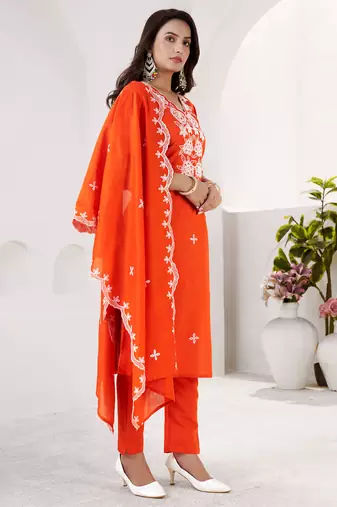 ORANGE EMBRODEIRY WORK DESIGN WITH ROMAN SILK FABRIC KURTI PANT DUPATTA SET