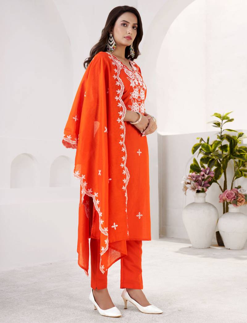 ORANGE EMBRODEIRY WORK DESIGN WITH ROMAN SILK FABRIC KURTI PANT DUPATTA SET