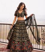 Black Wedding Embroidered Net Lehenga Choli with Dupatta