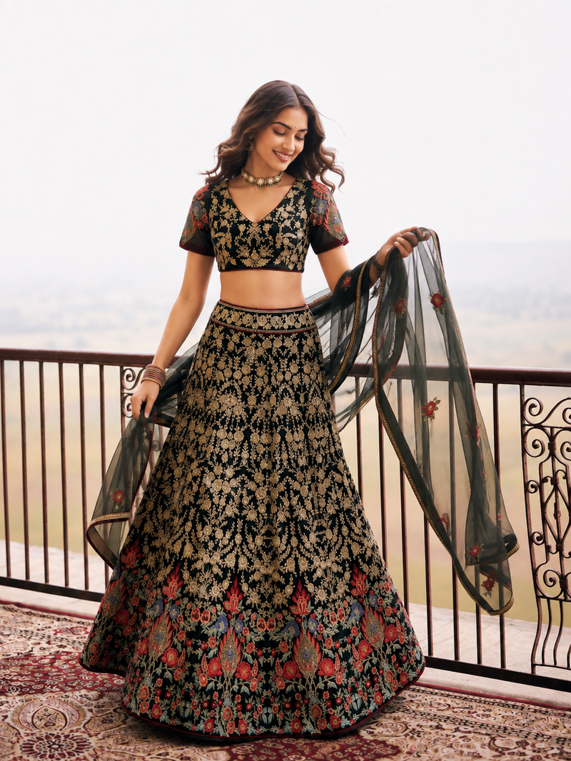 Black Wedding Embroidered Net Lehenga Choli with Dupatta
