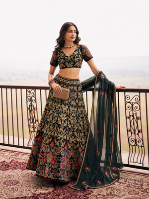 Black Wedding Embroidered Net Lehenga Choli with Dupatta 2