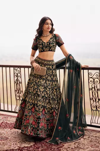 Black Wedding Embroidered Net Lehenga Choli with Dupatta