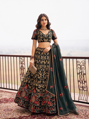 Black Wedding Embroidered Net Lehenga Choli with Dupatta 3