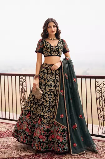 Black Wedding Embroidered Net Lehenga Choli with Dupatta