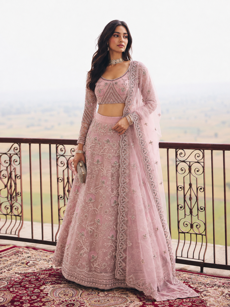 Pink Wedding Embroidered Net Lehenga Choli with Dupatta