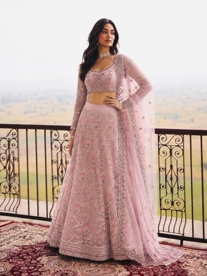 Pink Wedding Embroidered Net Lehenga Choli with Dupatta 3
