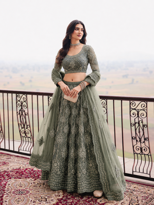 Sage Green Wedding Embroidered Net Lehenga Choli with Dupatta 1