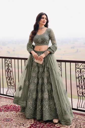 Sage Green Wedding Embroidered Net Lehenga Choli with Dupatta