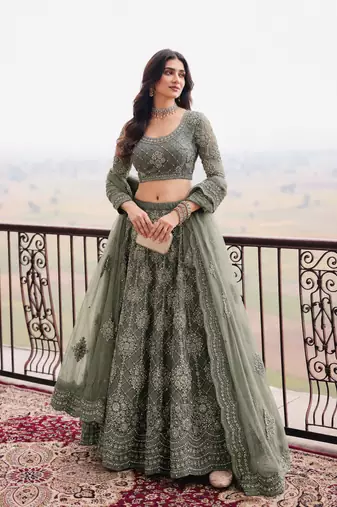 Sage Green Wedding Embroidered Net Lehenga Choli with Dupatta