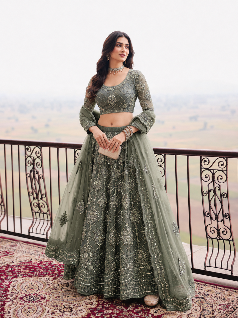 Sage Green Wedding Embroidered Net Lehenga Choli with Dupatta