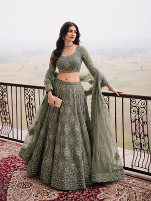 Sage Green Wedding Embroidered Net Lehenga Choli with Dupatta 2