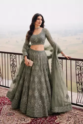 Sage Green Wedding Embroidered Net Lehenga Choli with Dupatta