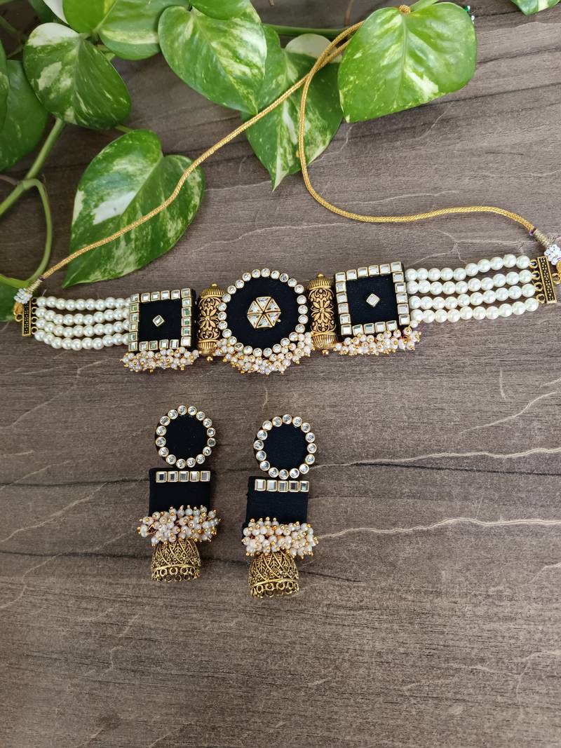  handcrafted black and gold kundan pearl choker necklace set