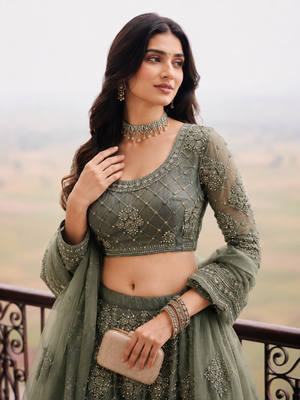 Sage Green Wedding Embroidered Net Lehenga Choli with Dupatta 3