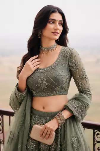 Sage Green Wedding Embroidered Net Lehenga Choli with Dupatta
