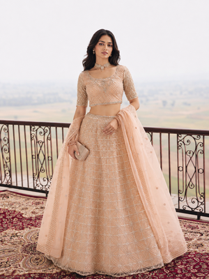 Peach Wedding Embroidered Net Lehenga Choli with Dupatta 1
