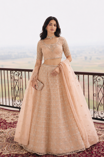 Peach Wedding Embroidered Net Lehenga Choli with Dupatta
