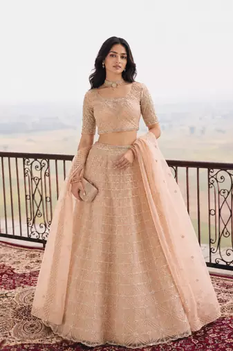 Peach Wedding Embroidered Net Lehenga Choli with Dupatta