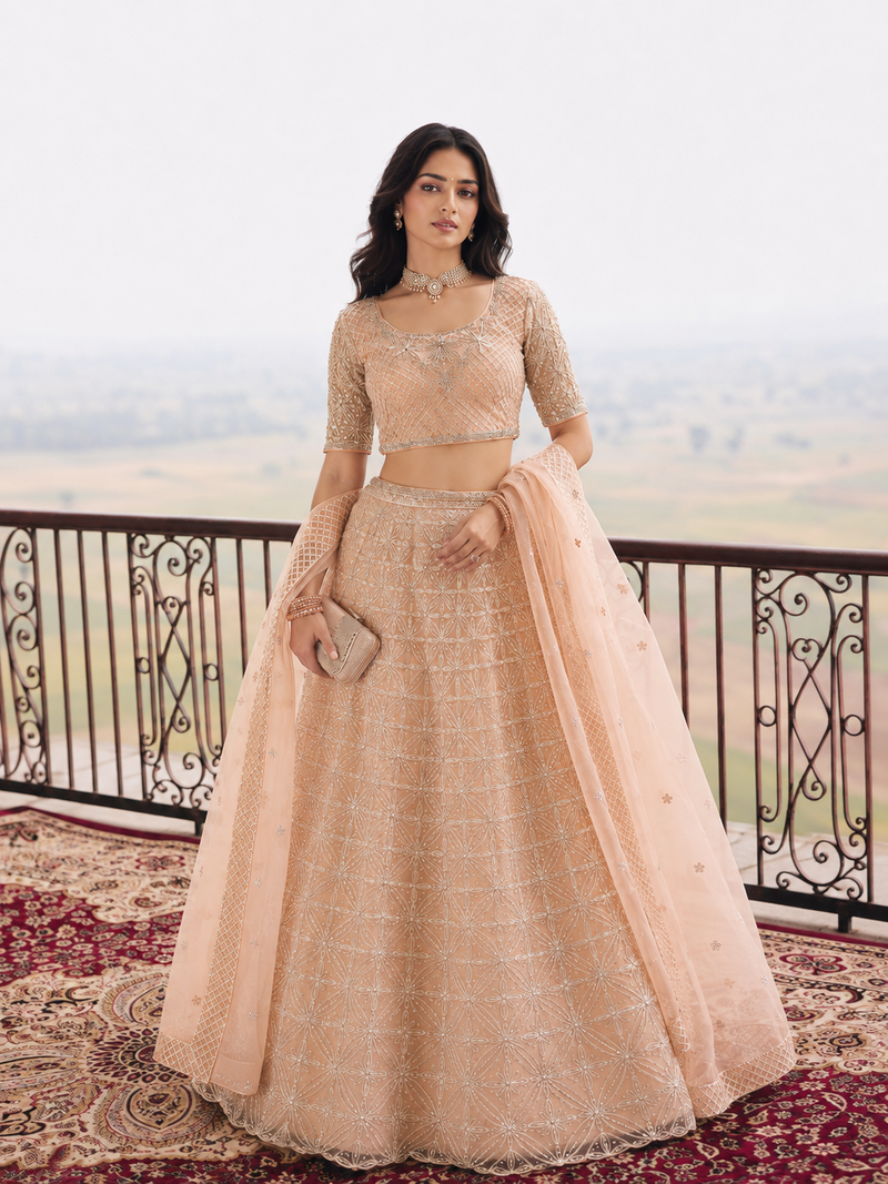 Peach Wedding Embroidered Net Lehenga Choli with Dupatta