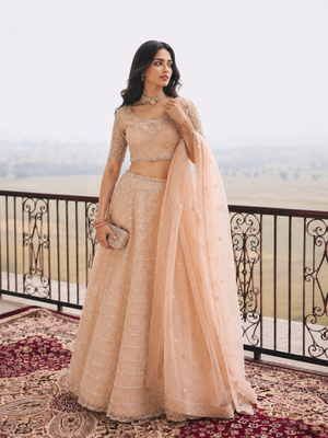 Peach Wedding Embroidered Net Lehenga Choli with Dupatta 2
