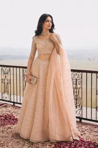 Peach Wedding Embroidered Net Lehenga Choli with Dupatta