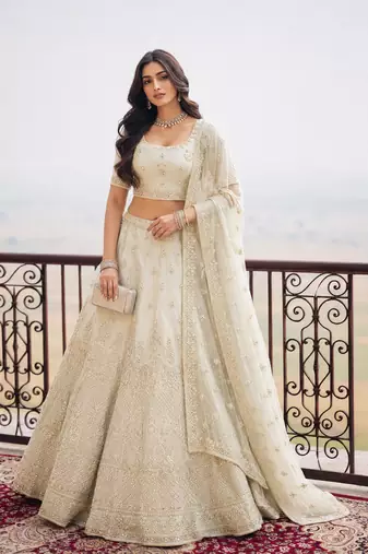 Ivory Wedding Embroidered Net Lehenga Choli with Dupatta