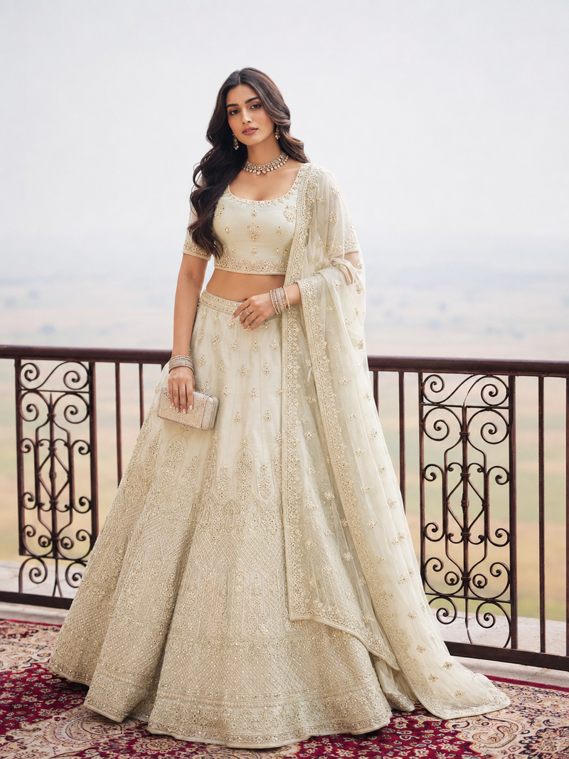 Ivory Wedding Embroidered Net Lehenga Choli with Dupatta