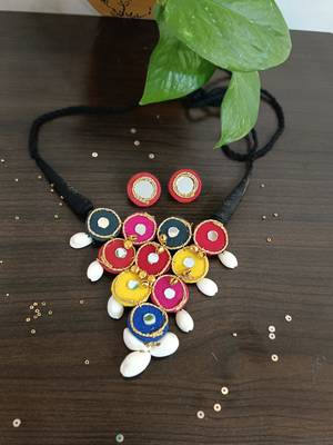  handcrafted multicolour mirror & cowrie shell statement choker necklace set 3