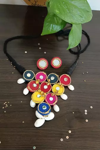  handcrafted multicolour mirror & cowrie shell statement choker necklace set