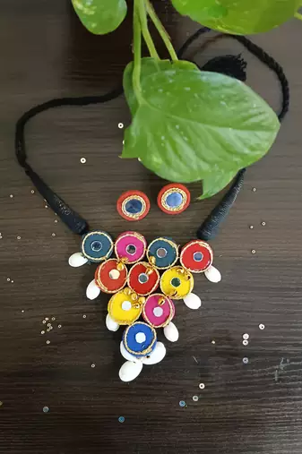  handcrafted multicolour mirror & cowrie shell statement choker necklace set