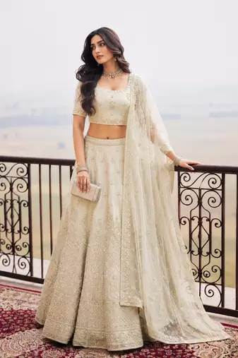 Ivory Wedding Embroidered Net Lehenga Choli with Dupatta
