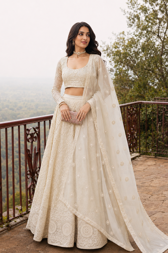 Cream Wedding Embroidered Georgette Lehenga Choli with Dupatta