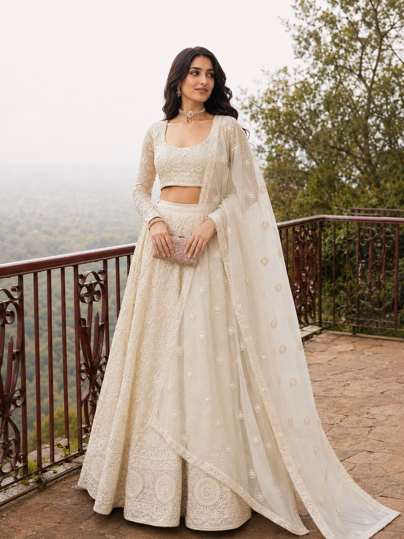 Cream Wedding Embroidered Georgette Lehenga Choli with Dupatta