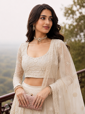 Cream Wedding Embroidered Georgette Lehenga Choli with Dupatta 2