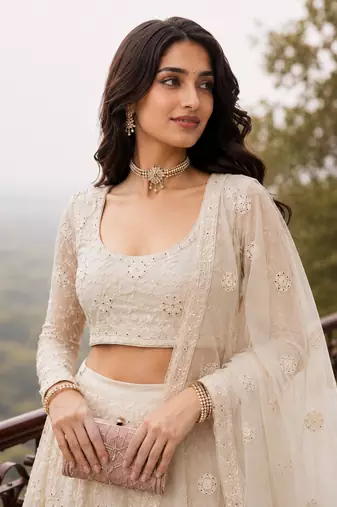 Cream Wedding Embroidered Georgette Lehenga Choli with Dupatta