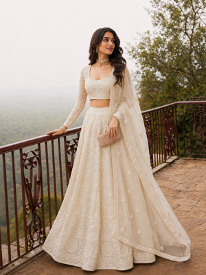 Cream Wedding Embroidered Georgette Lehenga Choli with Dupatta 3